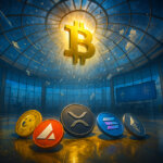 Inside a sunlit glass-dome trading hall, a glowing gold Bitcoin hangs overhead while Dogecoin, Avalanche, XRP, Solana, Cardano, and Ethereum coins are arranged on the glossy floor beneath with vivid teal–orange–gold lighting.