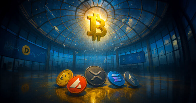 Inside a sunlit glass-dome trading hall, a glowing gold Bitcoin hangs overhead while Dogecoin, Avalanche, XRP, Solana, Cardano, and Ethereum coins are arranged on the glossy floor beneath with vivid teal–orange–gold lighting.