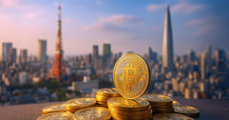 stacks gleaming Bitcoin coins in sharp focus across the foreground while softly blurred skylines of Tokyo Tower and Lotte World Tower frame the background in a cool, cinematic glow.