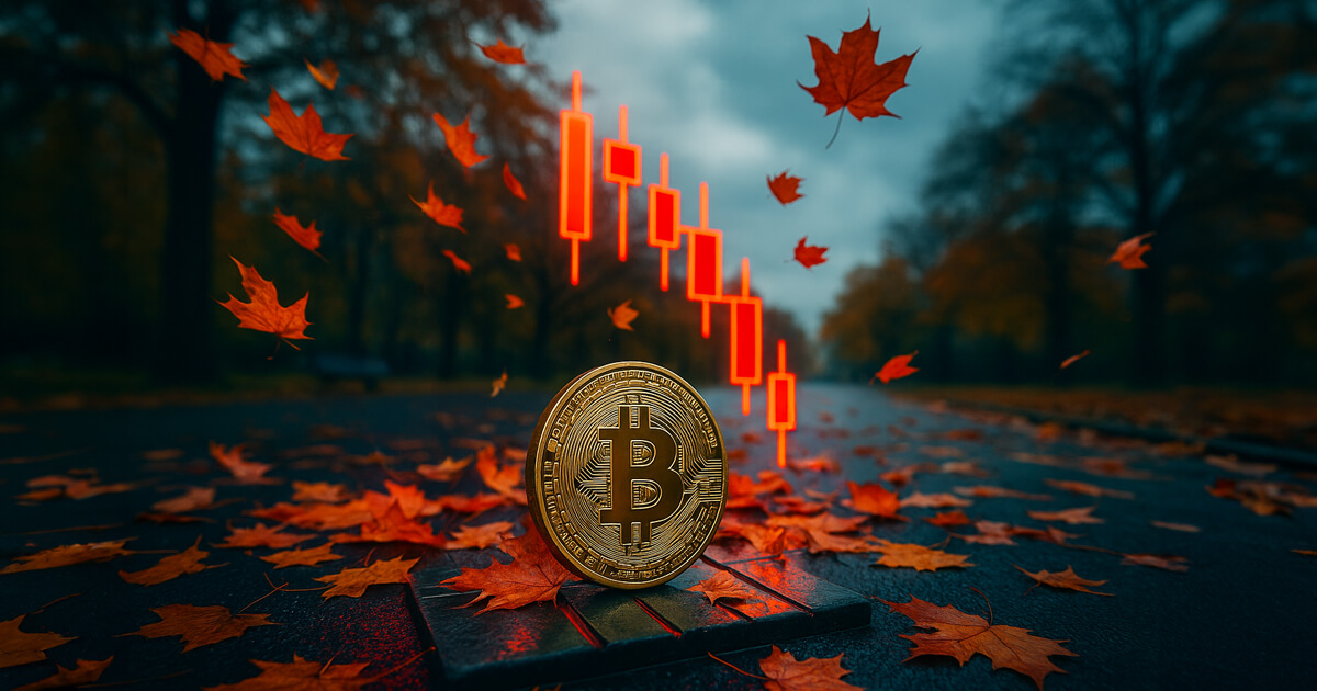 A gleaming Bitcoin stands on a stone pedestal amid crisp autumn leaves while a glowing red downward candlestick sequence cuts across a misty park backdrop.
