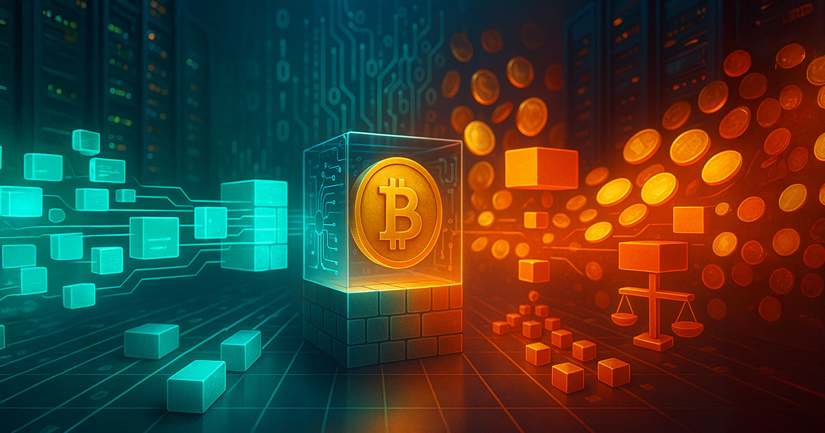 a glowing gold Bitcoin sealed in a glass “core” cube amid a server room as teal data blocks stream in on one side and dense orange blocks and coins swell on the other, symbolizing Bitcoin Core v30’s OP_RETURN expansion and the utility-vs-bloat debate.