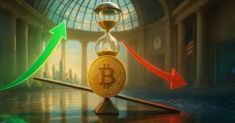 a gold Bitcoin poised on a gleaming seesaw beneath a glowing hourglass as a vivid green arrow arcs upward and a red arrow sweeps downward, symbolizing a CPI-triggered break higher or drop lower.