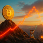 a gleaming Bitcoin coin perched on a rocky summit at sunrise as a vivid neon-red price line peaks beside it and curls downward toward a hazy city below, with an hourglass and amber beacons hinting at dwindling time and mounting caution.