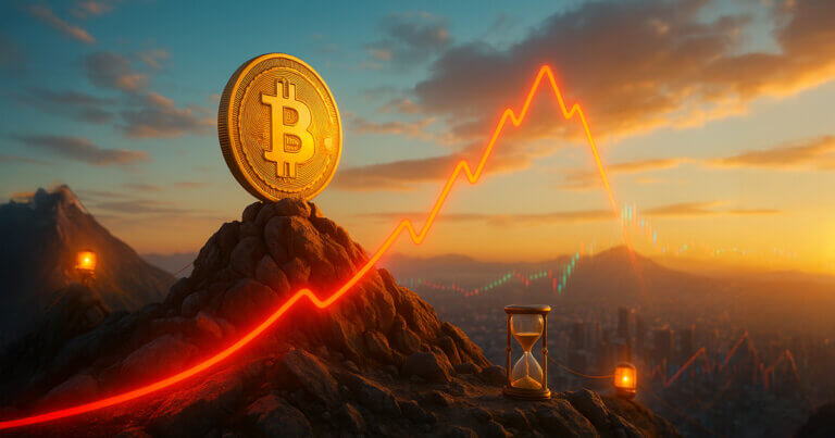 a gleaming Bitcoin coin perched on a rocky summit at sunrise as a vivid neon-red price line peaks beside it and curls downward toward a hazy city below, with an hourglass and amber beacons hinting at dwindling time and mounting caution.