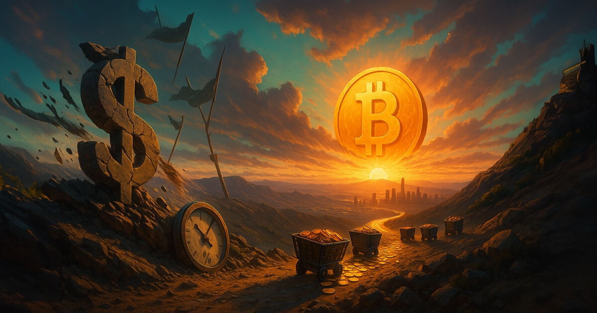 a blazing golden Bitcoin rising over a distant city at sunrise as a cracked stone dollar monolith erodes on a windswept ridge, an old steel yield gauge sinks into the dirt, and carts brimming with coins follow a luminous path through teal–amber–magenta skies toward the radiant coin.