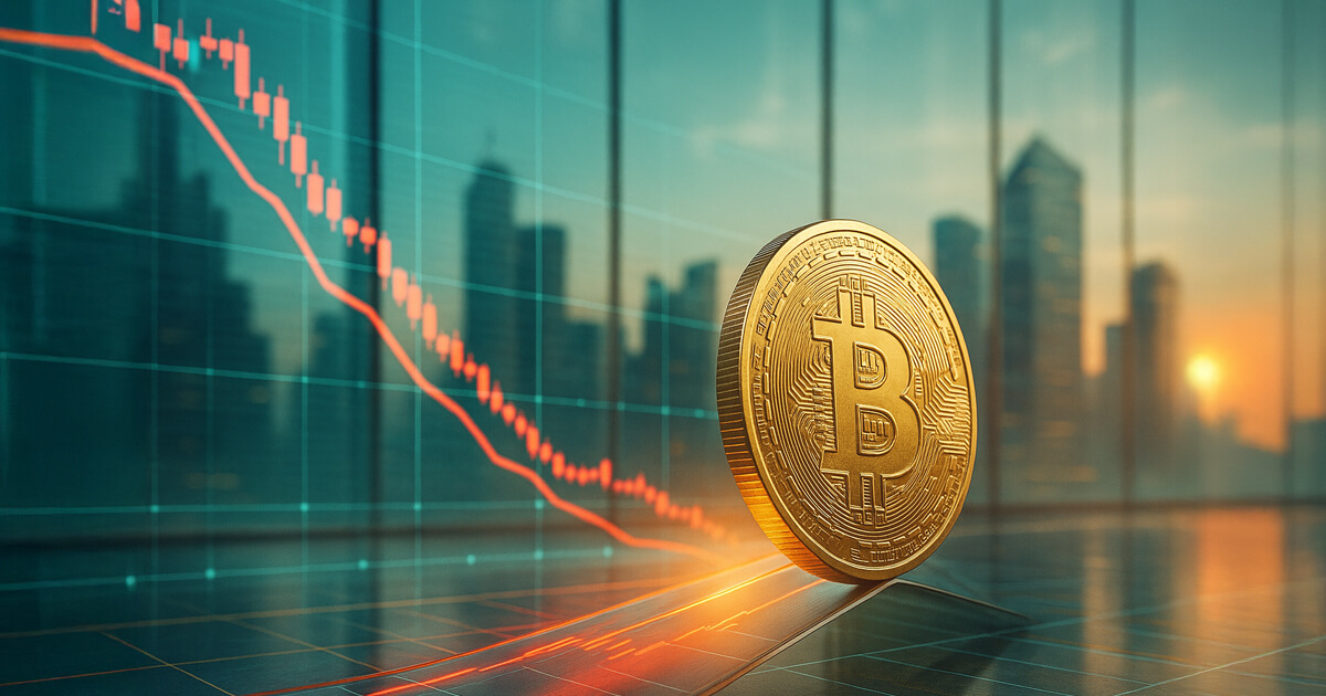a gleaming Bitcoin coin tilting on a glass floor as a vivid red candlestick chart falls toward a trough across a sunlit city skyline, symbolizing a four-month price low.