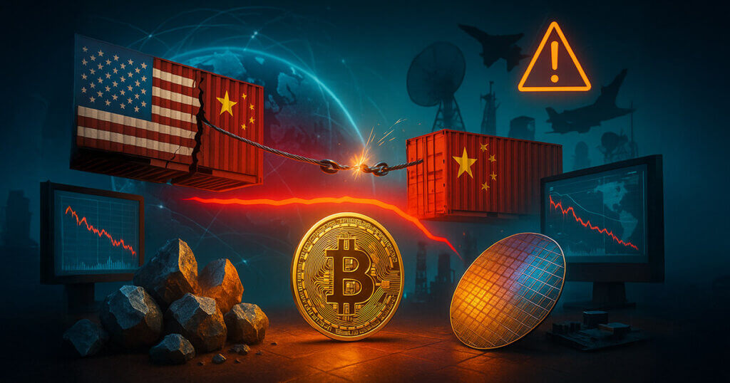 A glowing gold Bitcoin sits below a sharp red price line as rare-earth rocks, a brightly lit semiconductor wafer, and split U.S.–China shipping containers strain against a snapping cable over a world map, suggesting export controls and widening decoupling dragging risk assets lower.