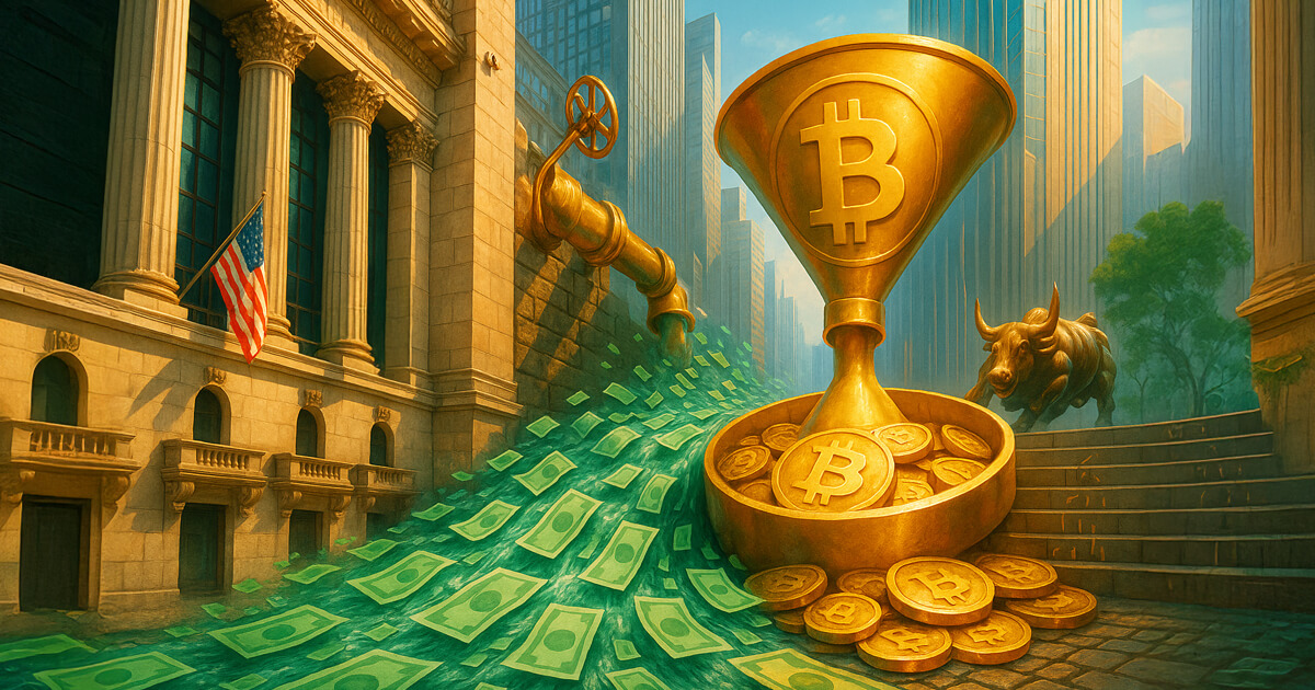 a flowing green stream of stylized dollar bills surging down Wall Street into a matte-gold funnel overflowing with Bitcoin coins under warm morning light.