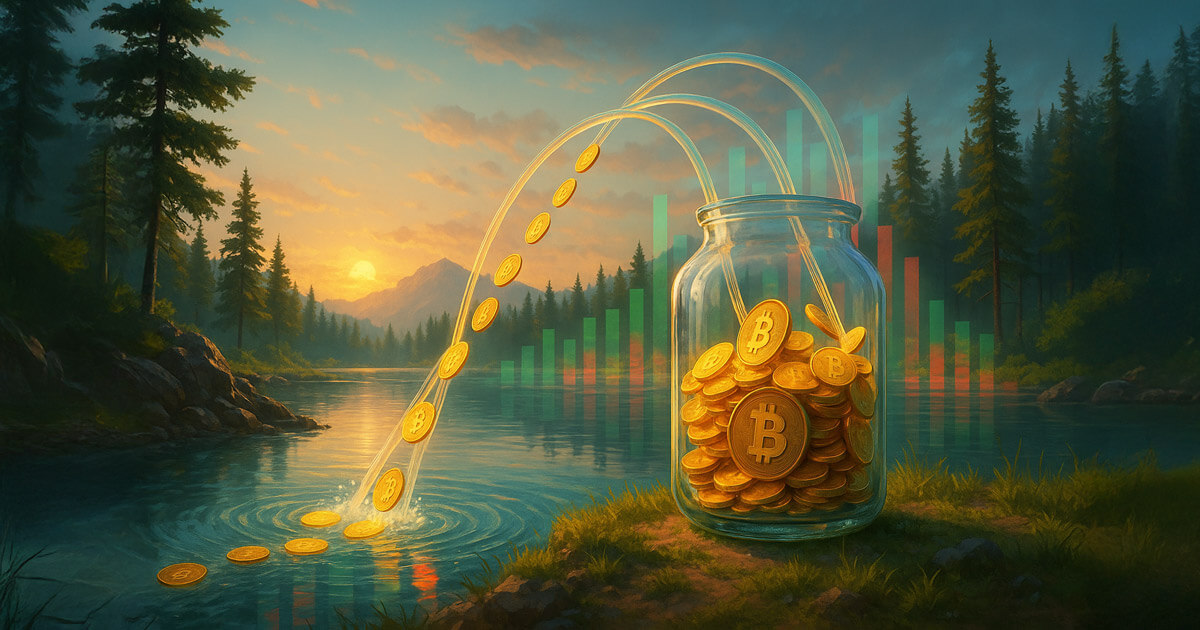 a glass jar by a mountain lake at sunrise filling with streaming gold Bitcoin tokens as translucent green-and-red volume bars shimmer from the water.