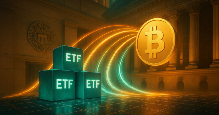 Glowing teal ETF cubes on a trading-grid send bright gold-teal flow arcs toward a radiant Bitcoin before a subtle Wall Street facade and Federal Reserve seal.
