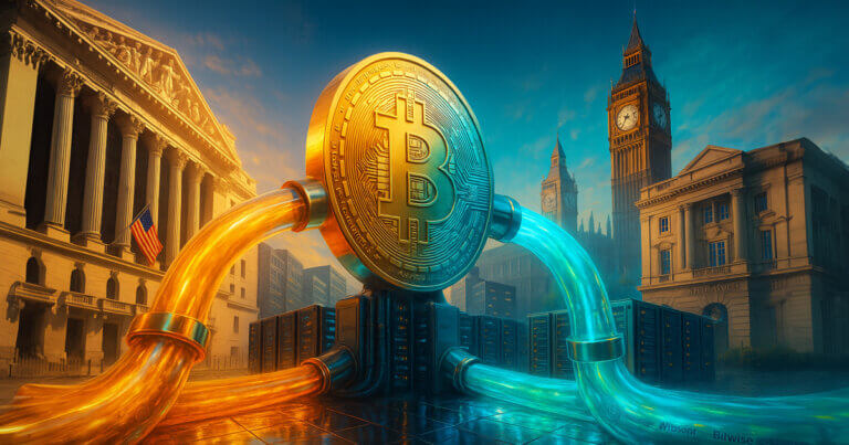 a giant golden Bitcoin receiving thick teal-blue inflows from a London exchange skyline while thinner amber streams exit toward Wall Street, symbolizing shifting ETF and ETN capital currents.