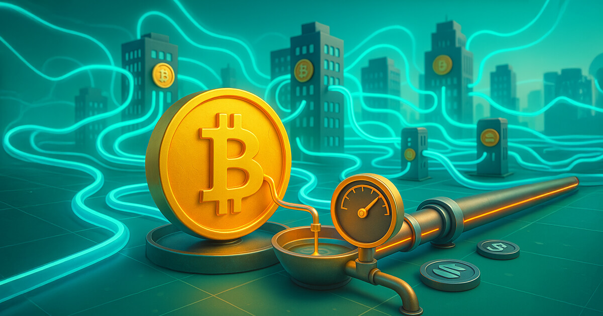 A bright, cinematic scene shows a matte Bitcoin coin feeding a thin trickle into a pipeline with a low gauge while glowing teal flow lines link quiet exchange buildings in the background.