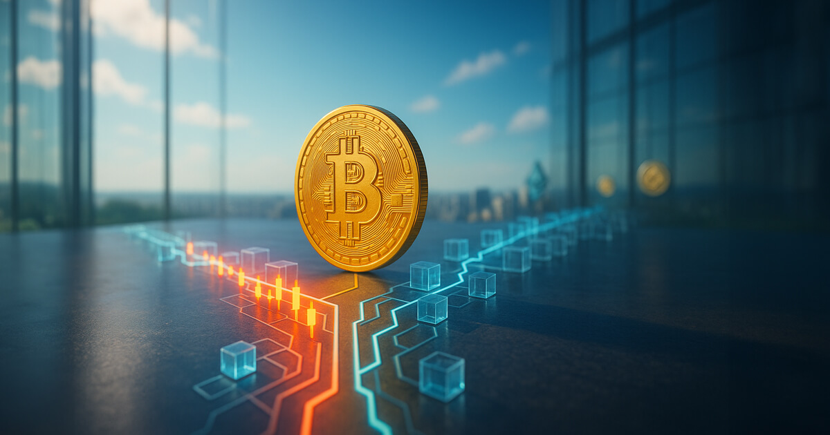 Ultra-realistic high-key scene of a gleaming gold Bitcoin standing at the junction of a branching blockchain made of translucent blue cubes and glowing green-red candlesticks, symbolizing a potential soft fork inside a bright glass-walled tech atrium.