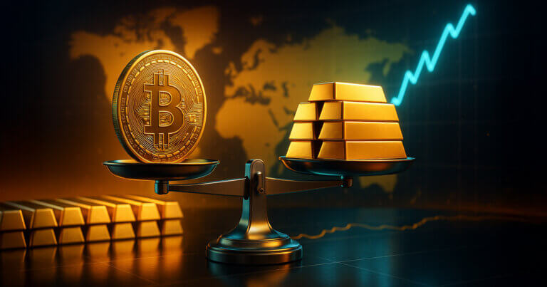 A gleaming balance scale in a bright, modern vault holds a large gold Bitcoin coin level with a stack of gold bars, set against a teal-and-gold world map and rising chart line.