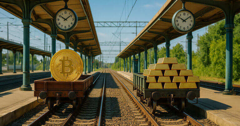 Two sunlit rail tracks at a realistic station carry a giant Bitcoin coin on one flatbed and a stack of gold bars on the other beneath offset clocks, highlighting their bright, divergent timelines.