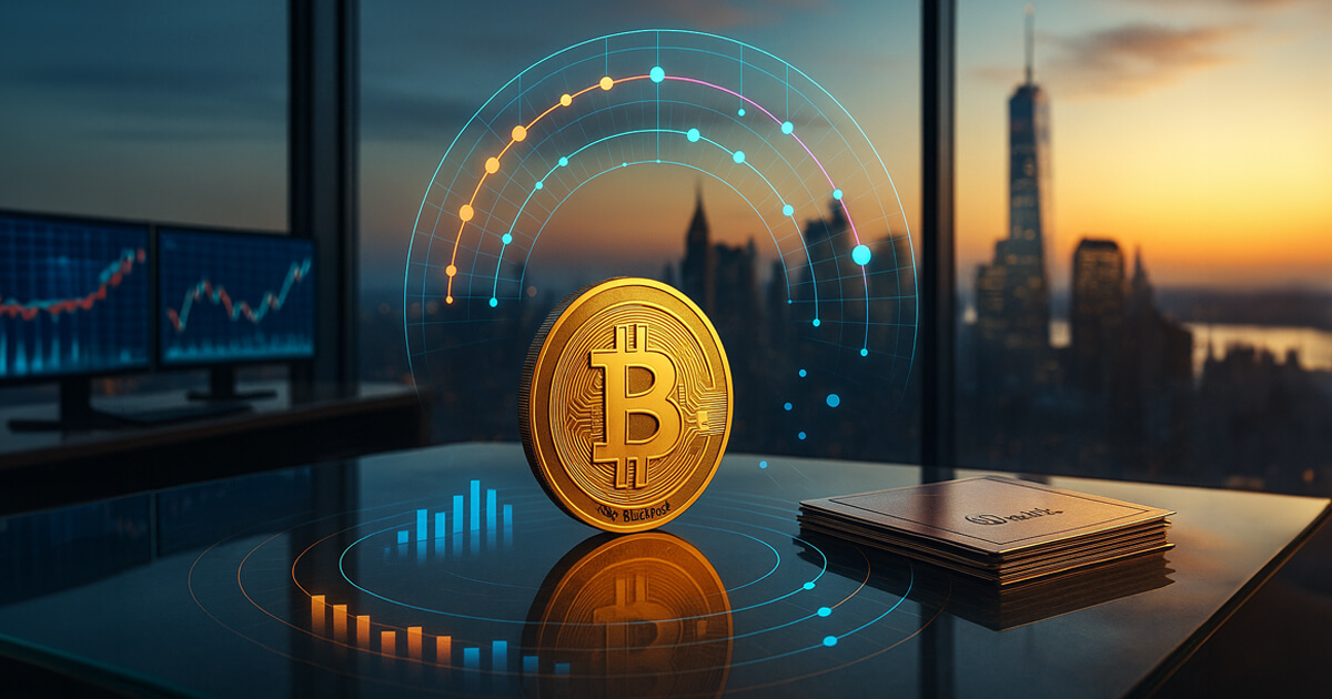 A bright, cinematic boardroom scene frames a glowing Bitcoin coin with holographic option arcs and stacked contract tiles against a Manhattan skyline, conveying a massive, orderly options market.