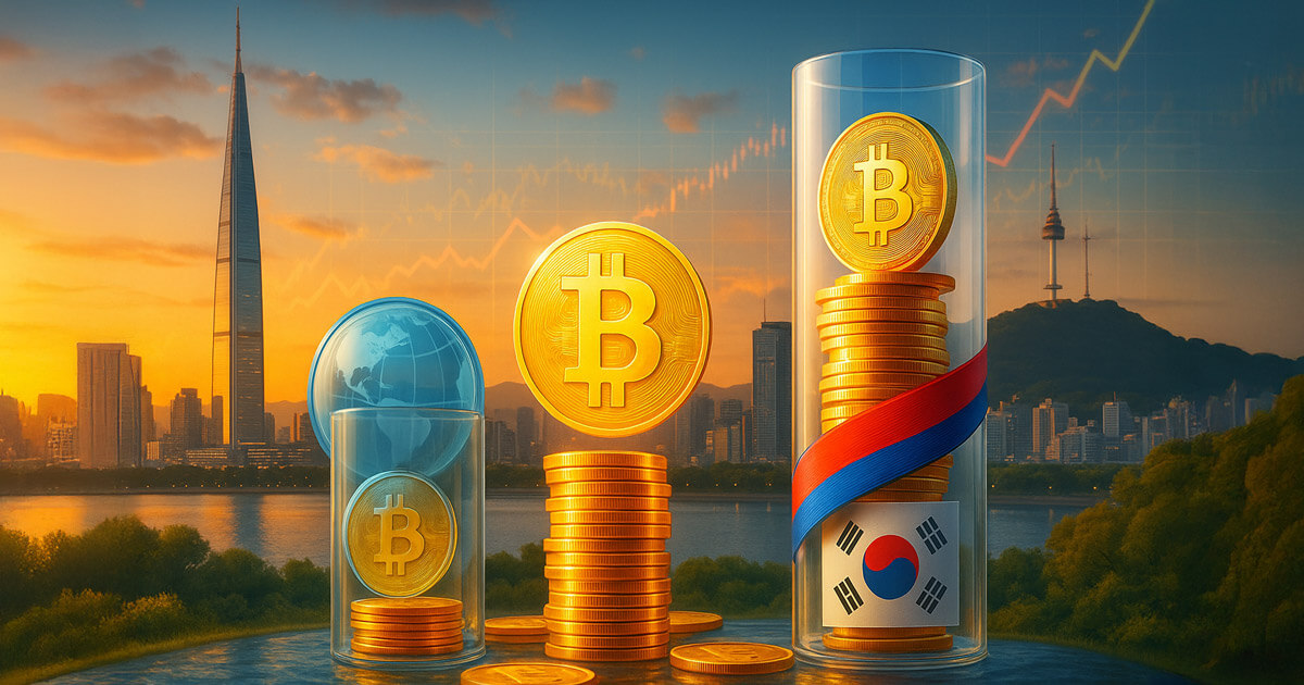 Seoul’s skyline as two glass columns of glowing Bitcoin coins—one with a red-blue Taegeuk band and taller than a globe-themed column—implying Korea’s “kimchi premium” front-running BTC.