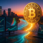 A photorealistic trading desk at dusk shows river-like streams of glowing liquidity flowing through a skyline toward a large Bitcoin coin, while monitors display active market depth and price action.