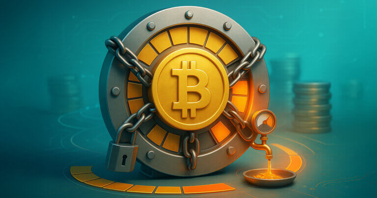 A matte gold Bitcoin locked within a chained vault wheel shows most segments sealed while a glowing final quadrant with a gauge releases a thin stream of coins into a tray.