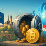 A bright, cinematic 16:9 scene of Luxembourg’s skyline and Adolphe Bridge at sunrise features a polished national vault spilling golden Bitcoin coins emblazoned with the ₿ symbol, flanked by vibrant EU and Luxembourg flags and a glowing eurozone map pinpointing Luxembourg to convey a pioneering, confidence-filled first allocation.