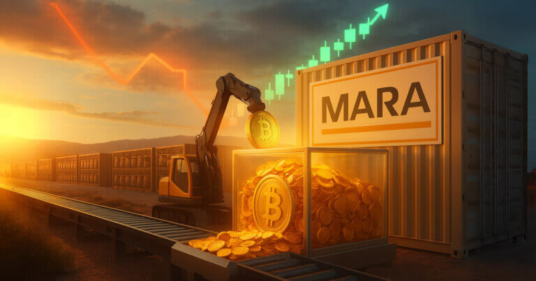 a sunset-lit mining yard where a robotic arm drops a gold Bitcoin into a glass vault beside a MARA-branded container as a red dip line turns green overhead, symbolizing the company buying the crash.