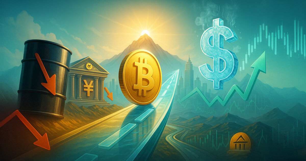 a golden Bitcoin rolling up a luminous path as an oil barrel and red arrows fall left, an icy dollar symbol cools right with downward DXY lines, and a Japanese central bank facade with a yen sign hints at easing policy under bright teal and gold skies.