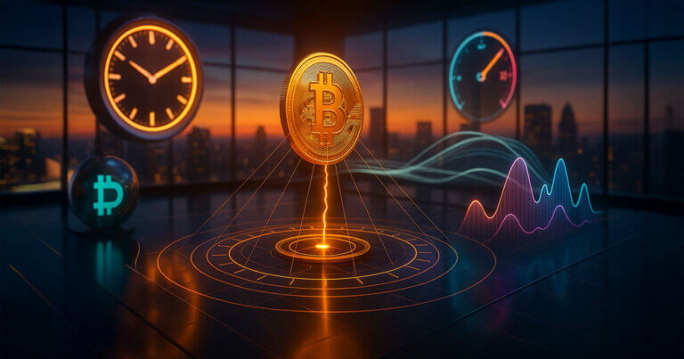 rading-floor vista at golden hour centers a glowing Bitcoin coin subtly “pinned” by taut luminous filaments over concentric strike rings, flanked by a textless volatility gauge and analog clock to suggest the expiry countdown while smooth teal–magenta price waves echo the calm of gamma hedging before the post-settlement reset.