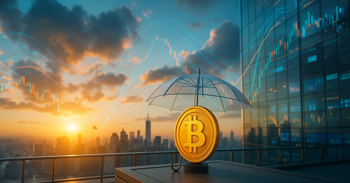 rooftop scene at sunrise shows a gleaming Bitcoin coin under a transparent umbrella with vivid blue and orange volatility curves reflected in nearby glass towers, set against a sweeping city skyline and no text or people.