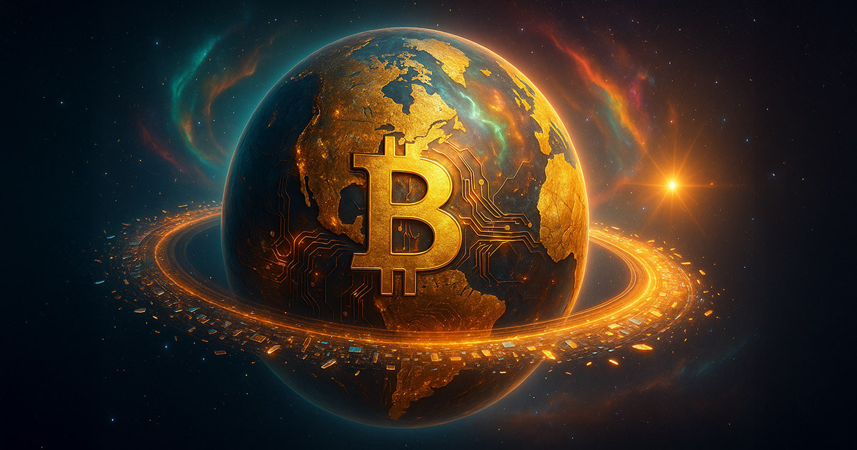 A luminous, hyperrealistic “Bitcoin planet” floats in space with gold-embossed ₿ continents, a radiant microchip ring, and teal–magenta auroras under a bright solar rim light.