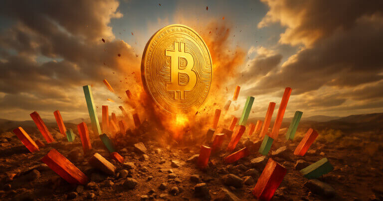 shows a colossal gold Bitcoin erupting from scorched earth as fiery debris and dust explode outward under storm-lit skies pierced by golden sunlight.