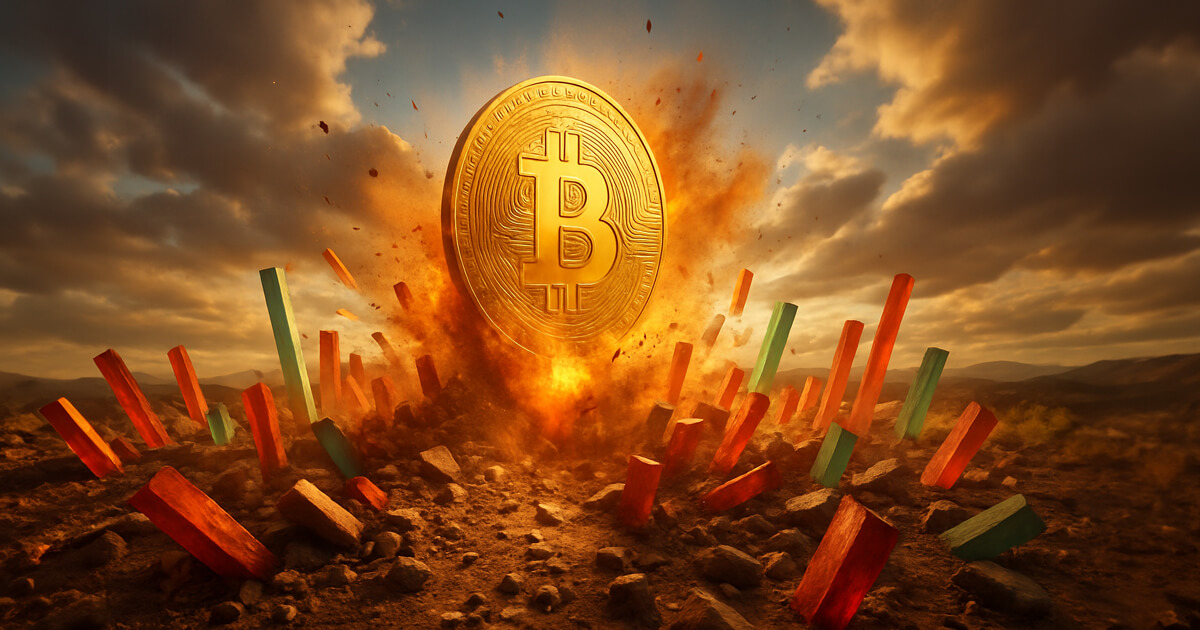 shows a colossal gold Bitcoin erupting from scorched earth as fiery debris and dust explode outward under storm-lit skies pierced by golden sunlight.