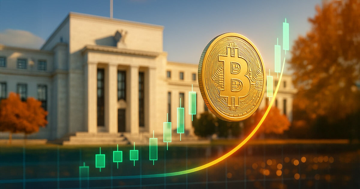 A luminous, hyperrealistic 16:9 scene shows a golden Bitcoin rising along a bright rebound curve in front of the Federal Reserve building on a clear autumn day, with vivid teal-and-amber candlesticks visually retracing to a mid-level, symbolizing a recovery on rate-cut hopes.