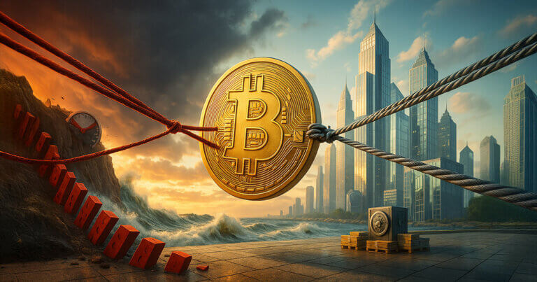 A hyperrealistic 16:9 outdoor scene at golden hour: a giant gold Bitcoin is stretched between frayed crimson climbing ropes yanking from a storm-lashed cliff with crashing teal waves and toppled red dominoes, and thick steel mooring cables anchoring it to a vault on a sunlit waterfront skyline, with bright cinematic rays cutting through dramatic clouds.