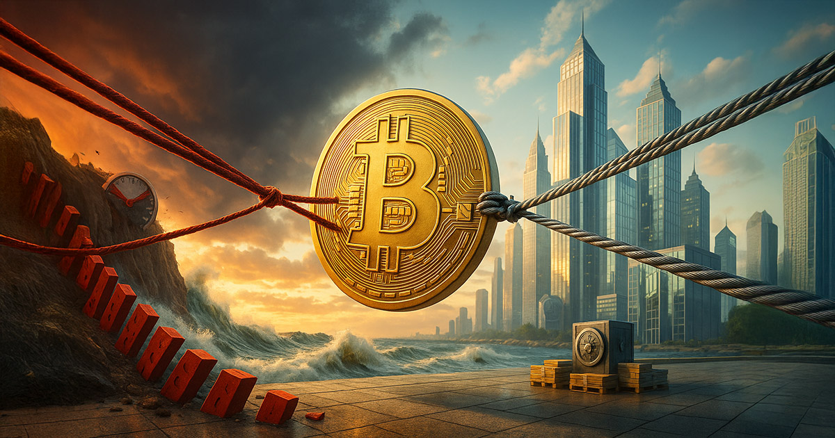 A hyperrealistic 16:9 outdoor scene at golden hour: a giant gold Bitcoin is stretched between frayed crimson climbing ropes yanking from a storm-lashed cliff with crashing teal waves and toppled red dominoes, and thick steel mooring cables anchoring it to a vault on a sunlit waterfront skyline, with bright cinematic rays cutting through dramatic clouds.