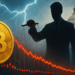 a gleaming Bitcoin coin beside a plunging red candlestick chart, with bright lightning linking puppet strings from a faceless silhouette to the U.S. Capitol under vivid mid-key light.