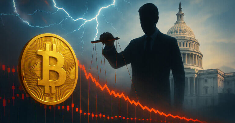 a gleaming Bitcoin coin beside a plunging red candlestick chart, with bright lightning linking puppet strings from a faceless silhouette to the U.S. Capitol under vivid mid-key light.