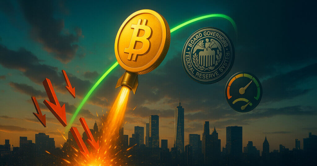 A bright 16:9 cinematic skyline shows a blazing gold Bitcoin rocketing along a neon green arc as shattered red short arrows tumble below beside a glowing Federal Reserve seal and rate-cut gauge.