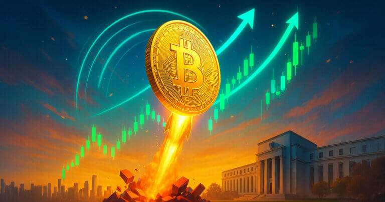 A radiant golden Bitcoin rockets skyward over a bright city skyline as green candlesticks and teal arcs surge upward, symbolizing a euphoric breakout toward new highs.