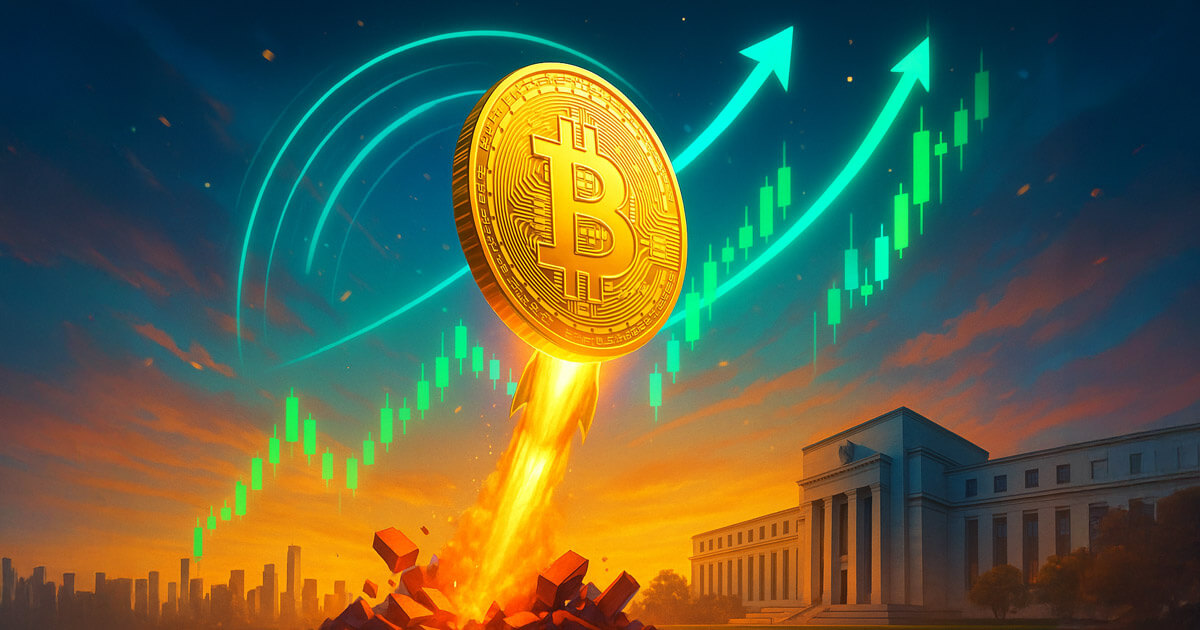 A radiant golden Bitcoin rockets skyward over a bright city skyline as green candlesticks and teal arcs surge upward, symbolizing a euphoric breakout toward new highs.