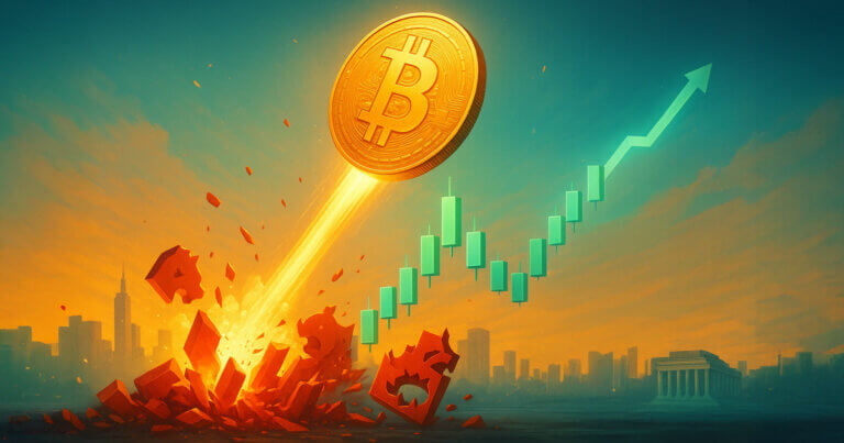 Cinematic scene of a blazing Bitcoin rocketing past shattered red short barriers with rising green candles, a Federal Reserve seal, and a glowing rate dial hinting at cut bets.