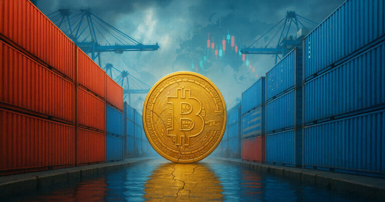 A cinematic 16:9 scene of a golden Bitcoin squeezed between towering red (China) and blue (U.S.) shipping containers at a bright, misty port, subtle downward candlesticks in the sky, glossy reflections on wet ground, and crisp mid-to-high key lighting in a vivid palette of electric blue, crimson, teal, and gold to evoke anxious déjà vu without using text or faces.