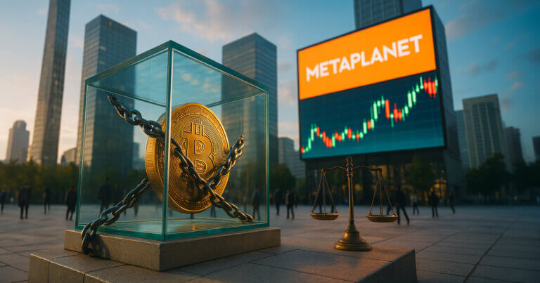 Hyper-realistic low-angle 16:9 outdoor scene of a chained Bitcoin inside a glass cube on a city plaza with a giant Metaplanet billboard showing a glowing candlestick chart against the skyline.