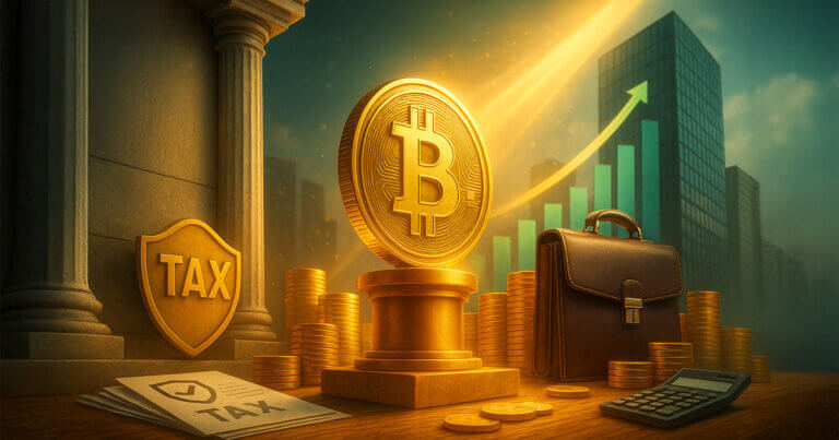 Cinematic scene of a golden Bitcoin on a pedestal flanked by a tax-shield medallion, corporate briefcase, and rising bar chart under warm–teal light, implying favorable tax treatment for BTC treasuries.