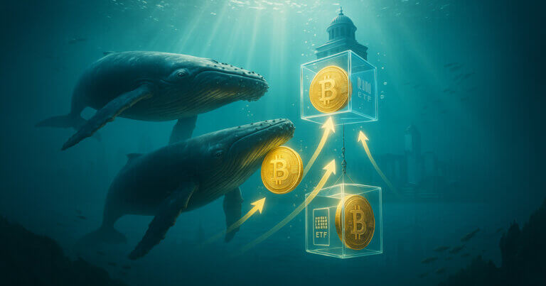underwater scene shows two giant whales nudging glowing Bitcoin coins into clear floating fund cubes as sunbeams stream from the surface over a submerged skyline, symbolizing whales moving BTC into ETFs.