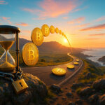coastal sunrise where a winding cliffside road forms a luminous “yield curve” of ascending Bitcoin coins, with a chained brass hourglass on a mossy rock in the foreground and vibrant teal sky, warm gold light, and lush green hills creating a cinematic outdoor tableau.