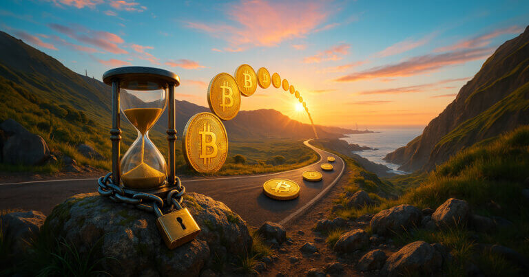coastal sunrise where a winding cliffside road forms a luminous “yield curve” of ascending Bitcoin coins, with a chained brass hourglass on a mossy rock in the foreground and vibrant teal sky, warm gold light, and lush green hills creating a cinematic outdoor tableau.