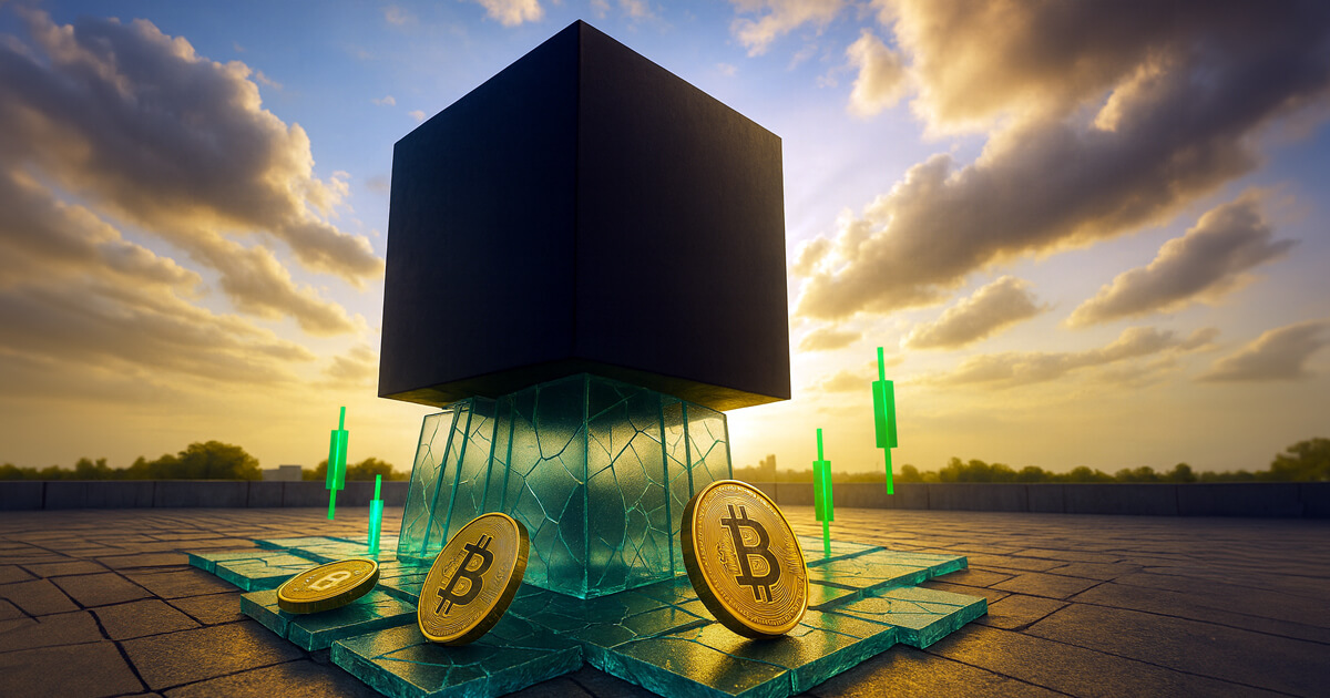 A monumental black cube rests on shattered turquoise glass pillars surrounded by golden Bitcoin coins and glowing green candlesticks beneath a golden sunset sky.