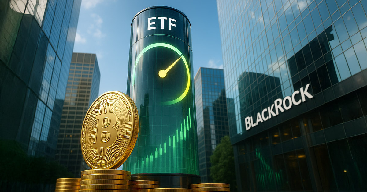 A photorealistic, 16:9 cinematic scene of a bright, glassy financial district where a towering cylindrical ticker labeled “ETF” shows a near-full green gauge and rising candlesticks, a gleaming gold Bitcoin stands atop stacked coins in the foreground, and the BlackRock logo glints on a skyscraper facade, all rendered with high-key lighting and a vibrant mix of emerald, teal, gold, and sky blue.