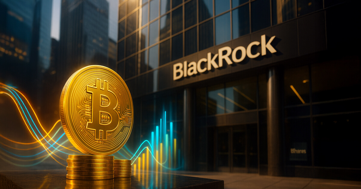 A bright, photorealistic BlackRock headquarters facade with a towering gold Bitcoin in the foreground and multicolored inflow streams rising upward.