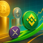 A bright, cinematic market scene shows a bold green BNB coin racing upward past a purple XRP coin while gold Bitcoin and silver Ethereum stand above on towering pedestals against glowing charts.
